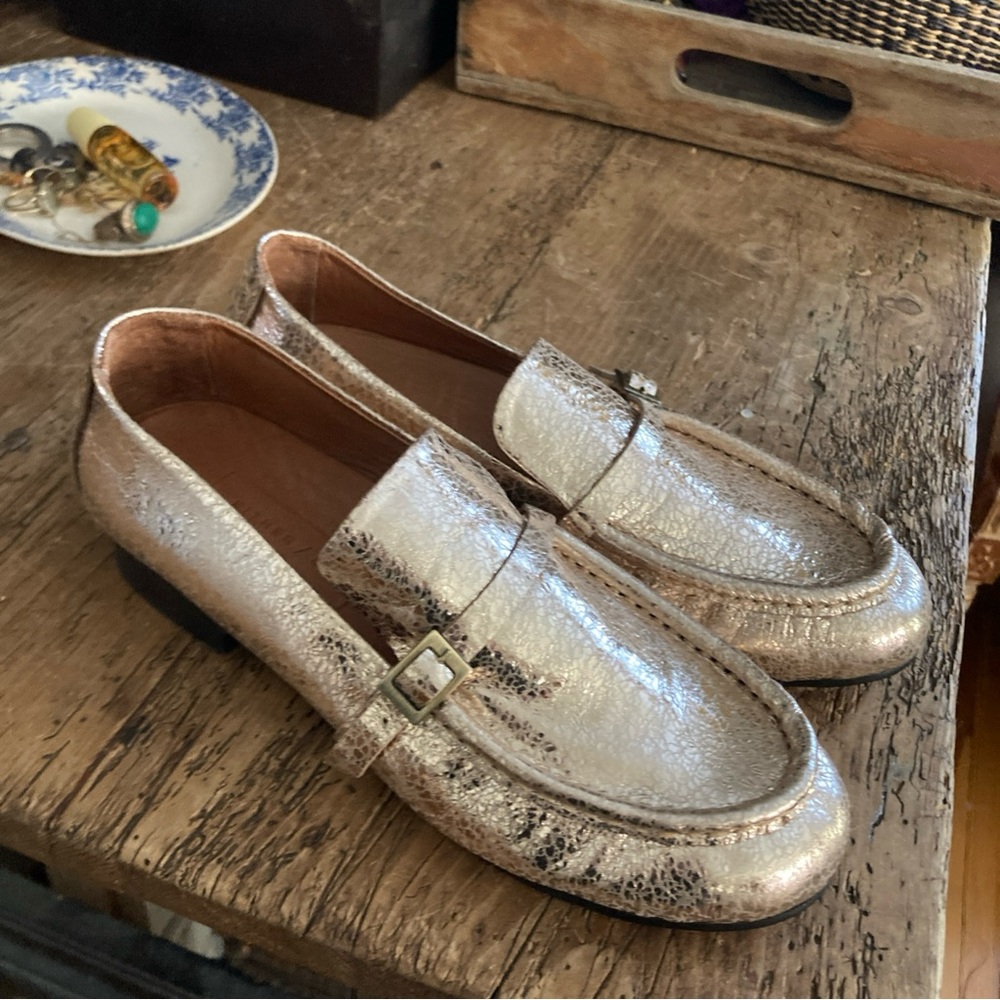 Either/Or leather metallic gold loafers